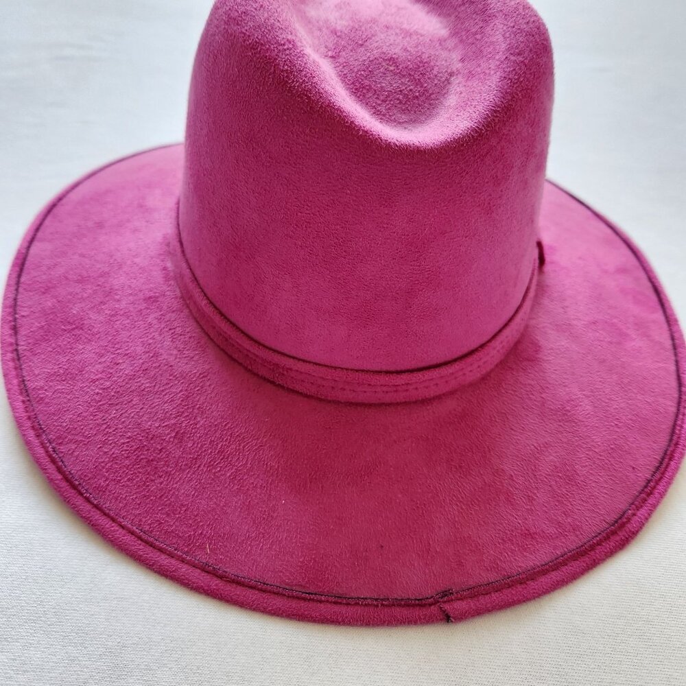 Fuschia Pink Suede Wide-Brim Rancher Fedora Hat Festival Boho Rodeo Western - Picture 2 of 7